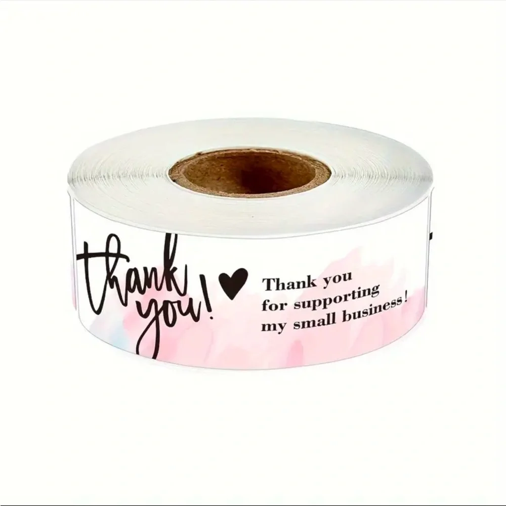 3-Pack Semi-Glossy Pulp Thank You Stickers, 120pcs/Roll, Pink Rectangle Shape
